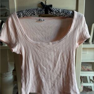 Free People Pink Ribbed Fitted Short Sleeve Tee